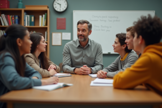 Groupe d'ados en discussion en classe