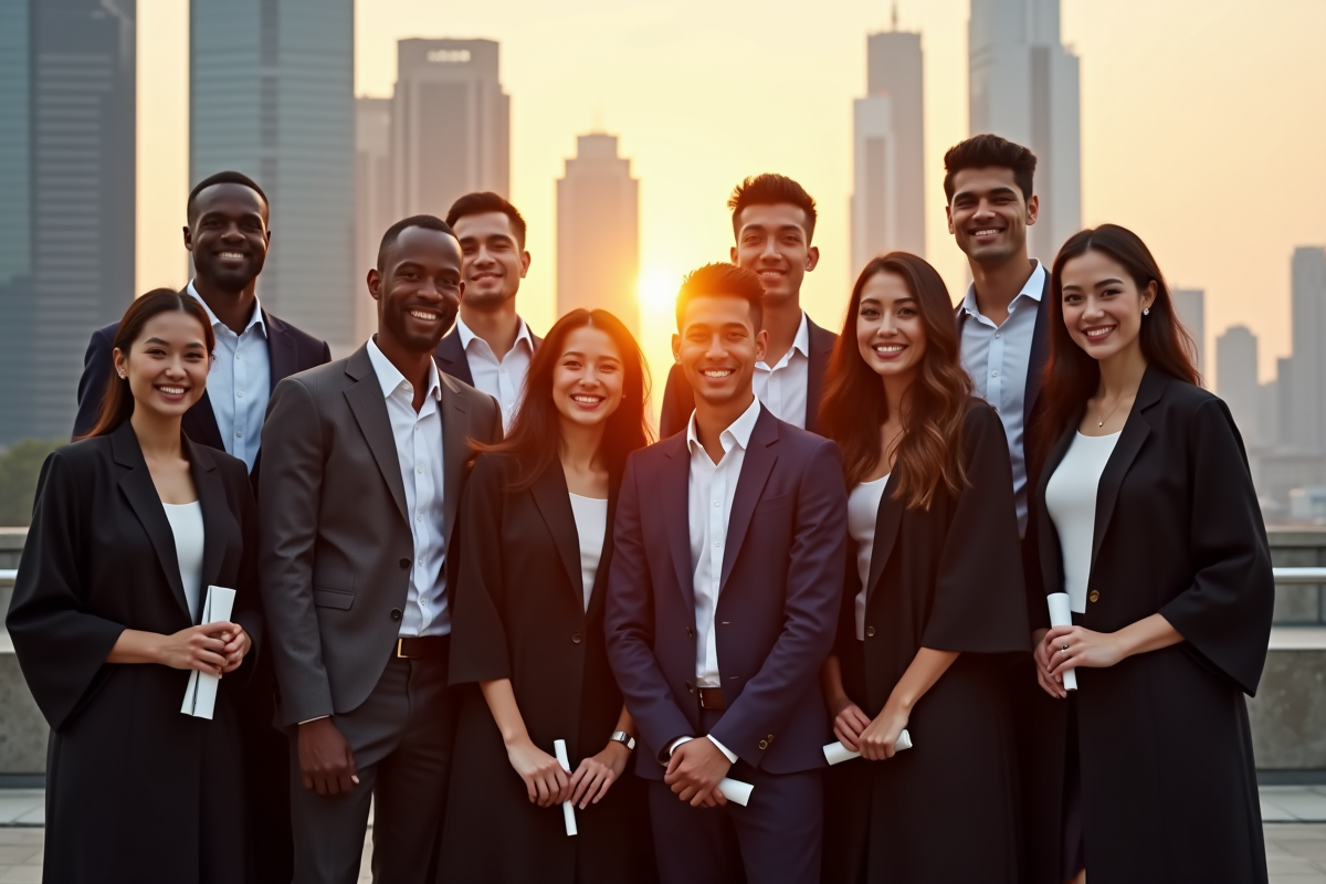 Groupe de diplômés souriants devant la ville