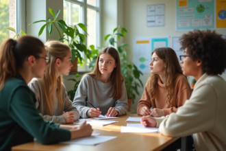 Groupe de lycéens discutant produits ecofriendly en classe