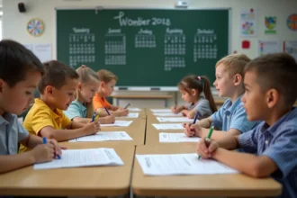 Enfants d e8 a 11 ans autour d une table moderne en classe