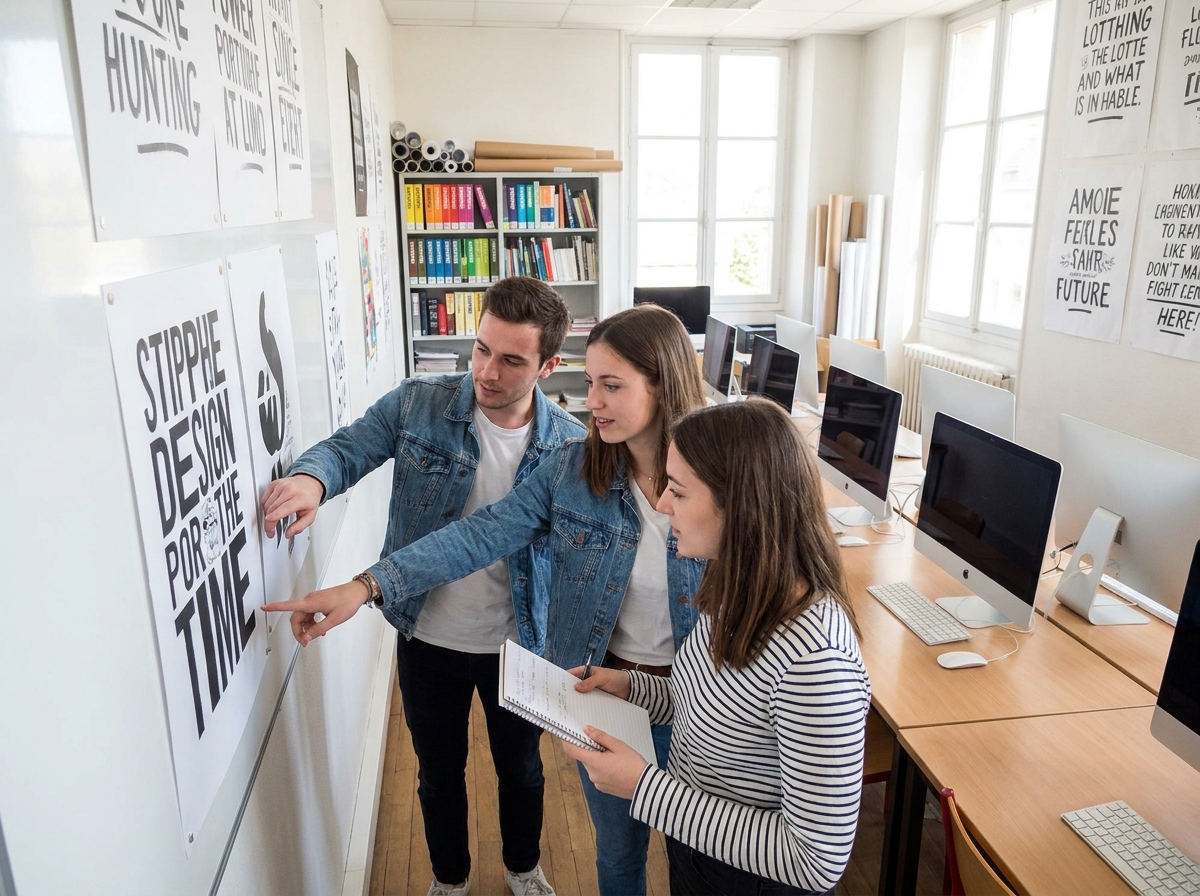 Groupe d'étudiants en design graphique lors d'une critique de projet dans une école française