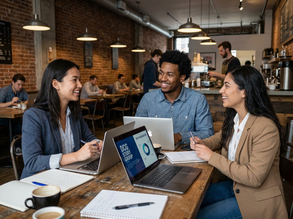 Groupe d'étudiants préparant ensemble le DCG à distance dans un café urbain autour de leurs ordinateurs portables