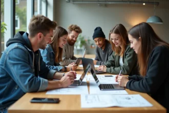 Groupe d'étudiants en innovation dans un laboratoire moderne