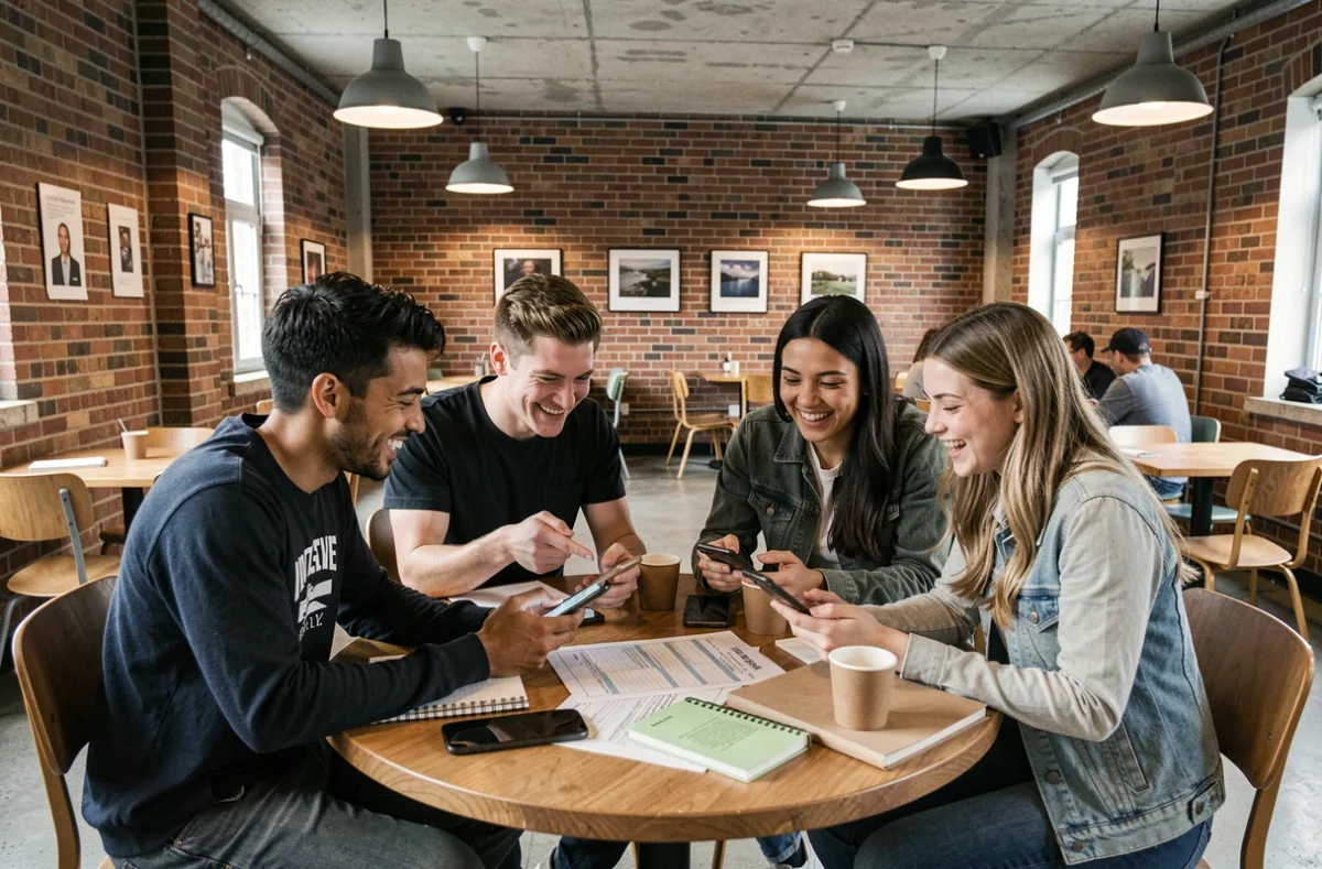 Groupe d'étudiants partageant leurs emplois du temps de promotion autour d'une table dans un espace commun universitaire