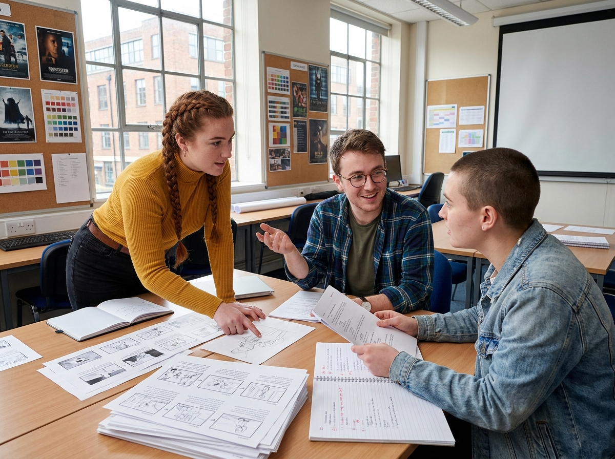 Groupe d'étudiants en école créative analysant des storyboards lors d'un atelier de réalisation audiovisuelle