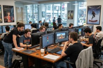 Groupe de jeunes adultes en atelier d'animation numérique