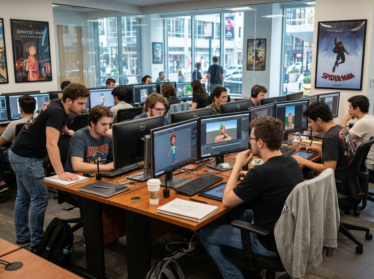 Groupe de jeunes adultes en atelier d'animation numérique