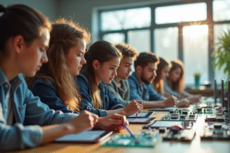 Groupe de jeunes en classe travaillant sur des circuits électroniques
