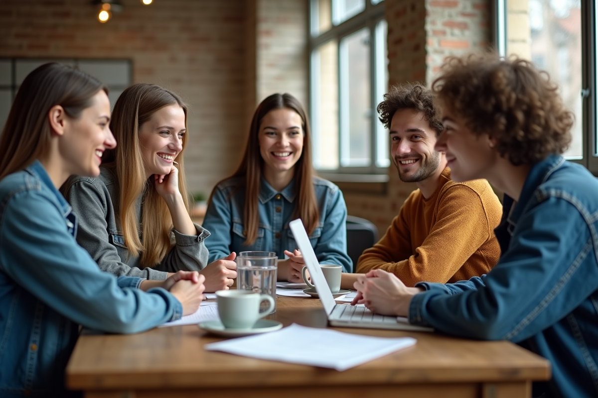 Jeunes adultes discutant dans un café lumineux