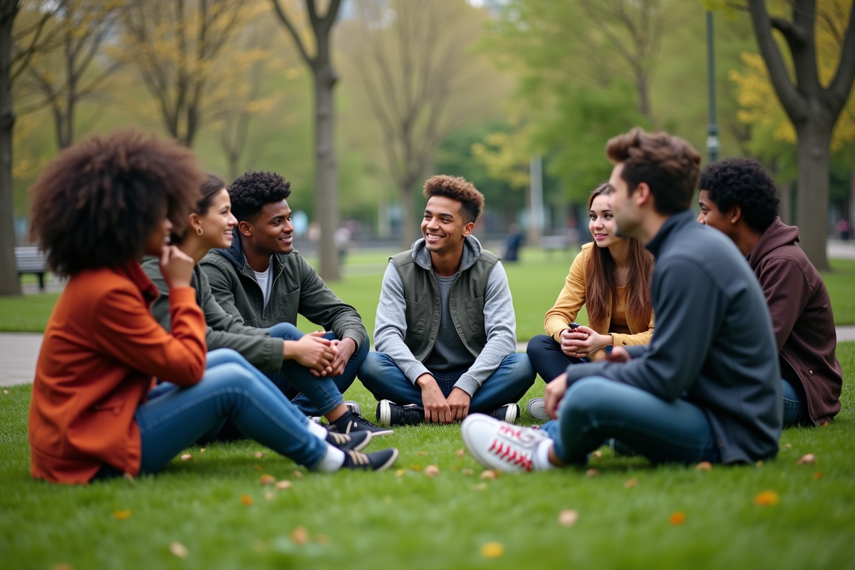 Groupe de jeunes en discussion dans un parc urbain