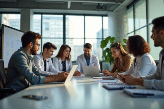 Groupe de jeunes professionnels autour d'une table moderne
