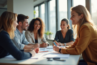 Groupe de professionnels en réunion créative en bureau lumineux