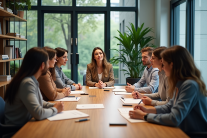 Groupe de professionnels en réunion dans un bureau moderne