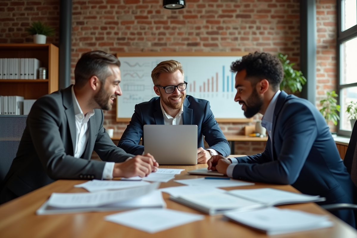 Groupe de jeunes professionnels discutant stratégie financière en réunion