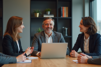 Trois professionnels en réunion dans un bureau moderne