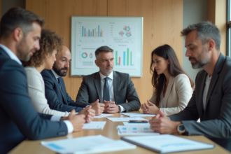 Groupe de professionnels en réunion de travail dynamique