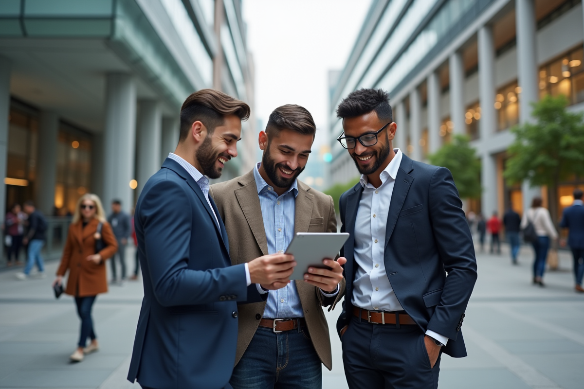 Groupe professionnel discutant en ville dynamique