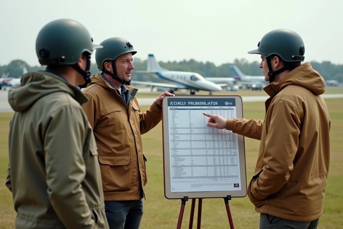 Groupe de stagiaires parapente écoutant un instructeur présenter les tarifs d'un stage vol, en extérieur sur un terrain d'aviation