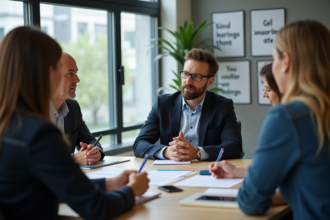 Groupe d'adultes en réunion de travail en entreprise