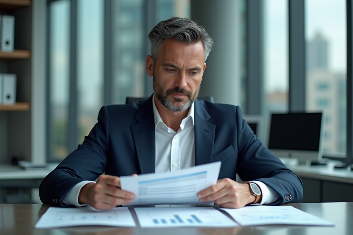 Homme d'affaires en costume analyse des documents financiers