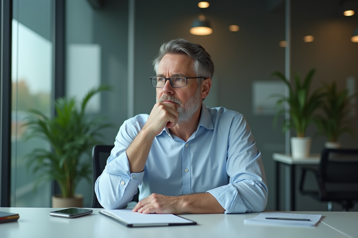 Homme d'affaires réfléchi dans un bureau moderne