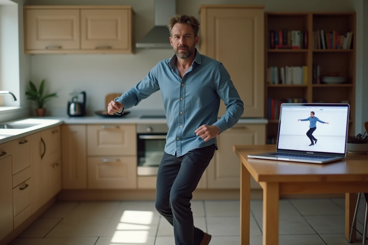 Homme apprenant la danse Madison en ligne depuis chez lui avec un tutoriel vidéo sur ordinateur
