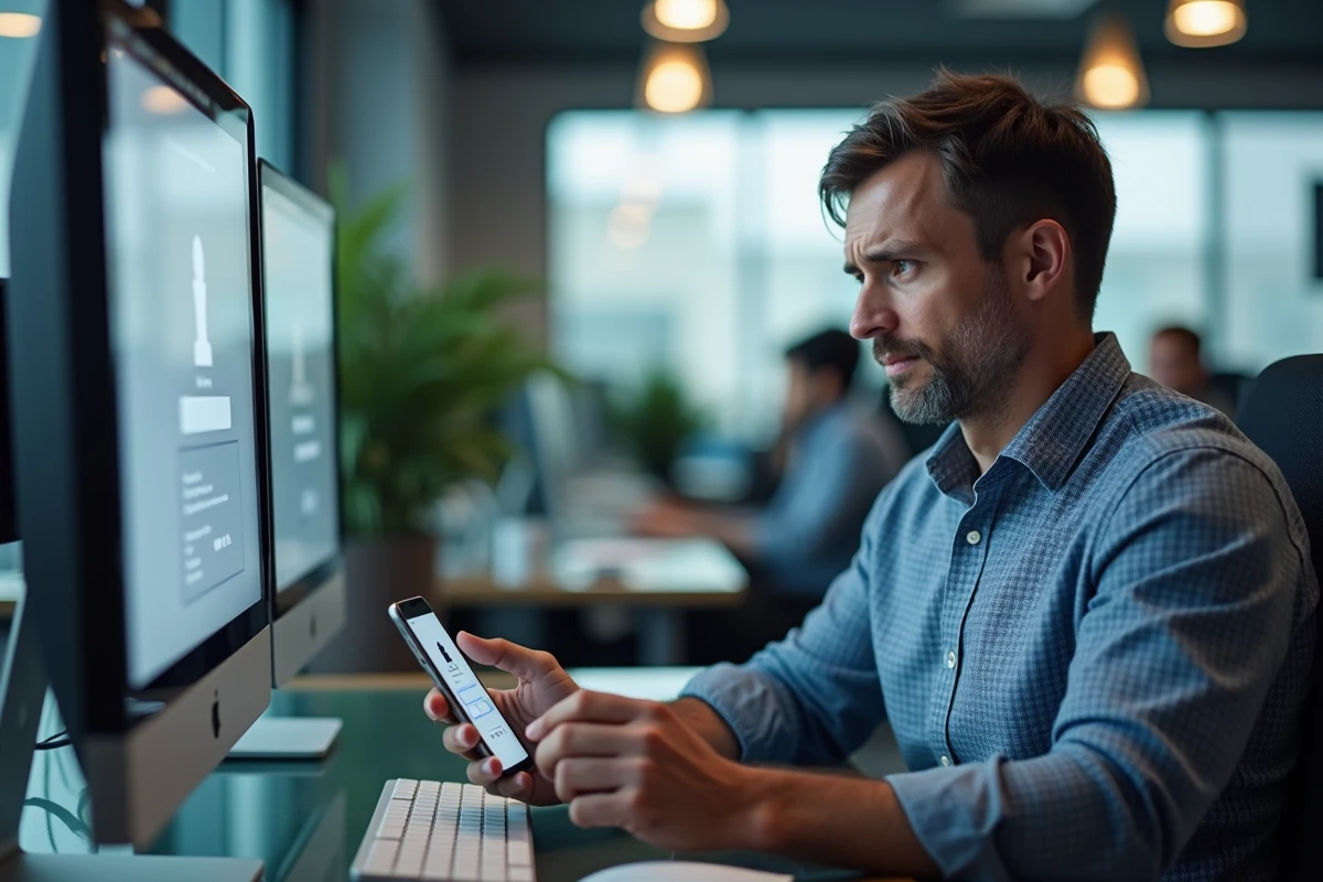Homme en entreprise tentant de réinitialiser son mot de passe sur smartphone face à un écran de connexion refusé