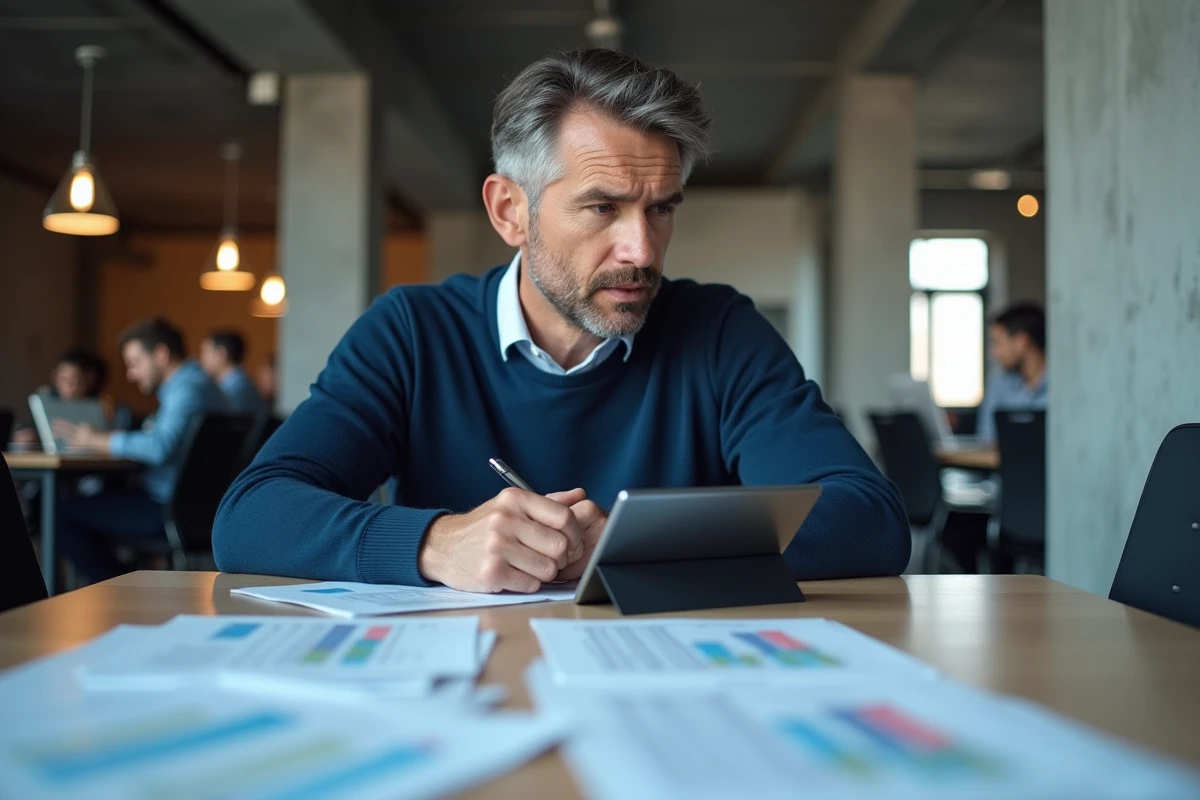 Homme en pull marine comparant des tableaux de coûts annuels de logiciels emailing sur une table de réunion avec une tablette