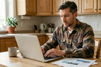 Homme consultant le site CPF maformationbrico sur un ordinateur portable à la maison pour financer une formation bricolage