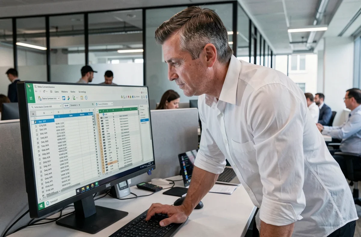 Homme en entreprise utilisant un convertisseur de tableau en ligne sur un grand écran de bureau