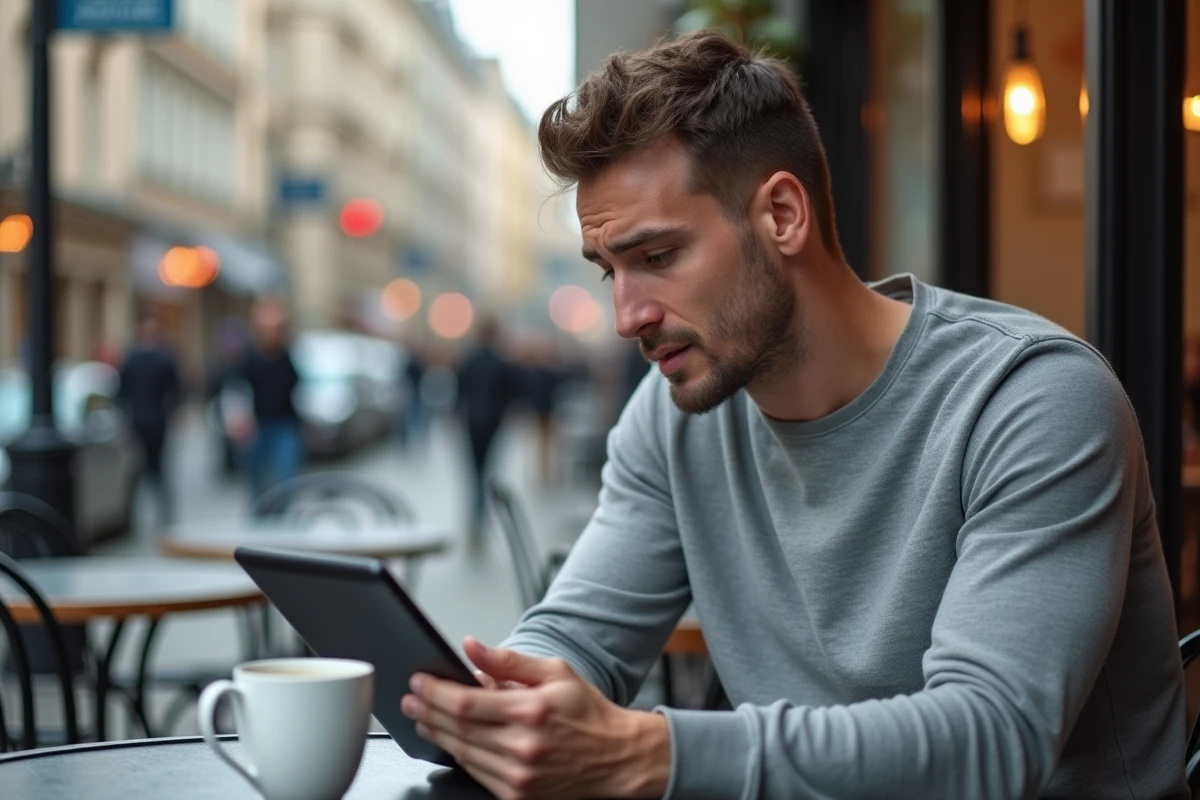 Homme étudiant l'anglais sur une tablette en terrasse de café avec un exercice de grammaire affiché