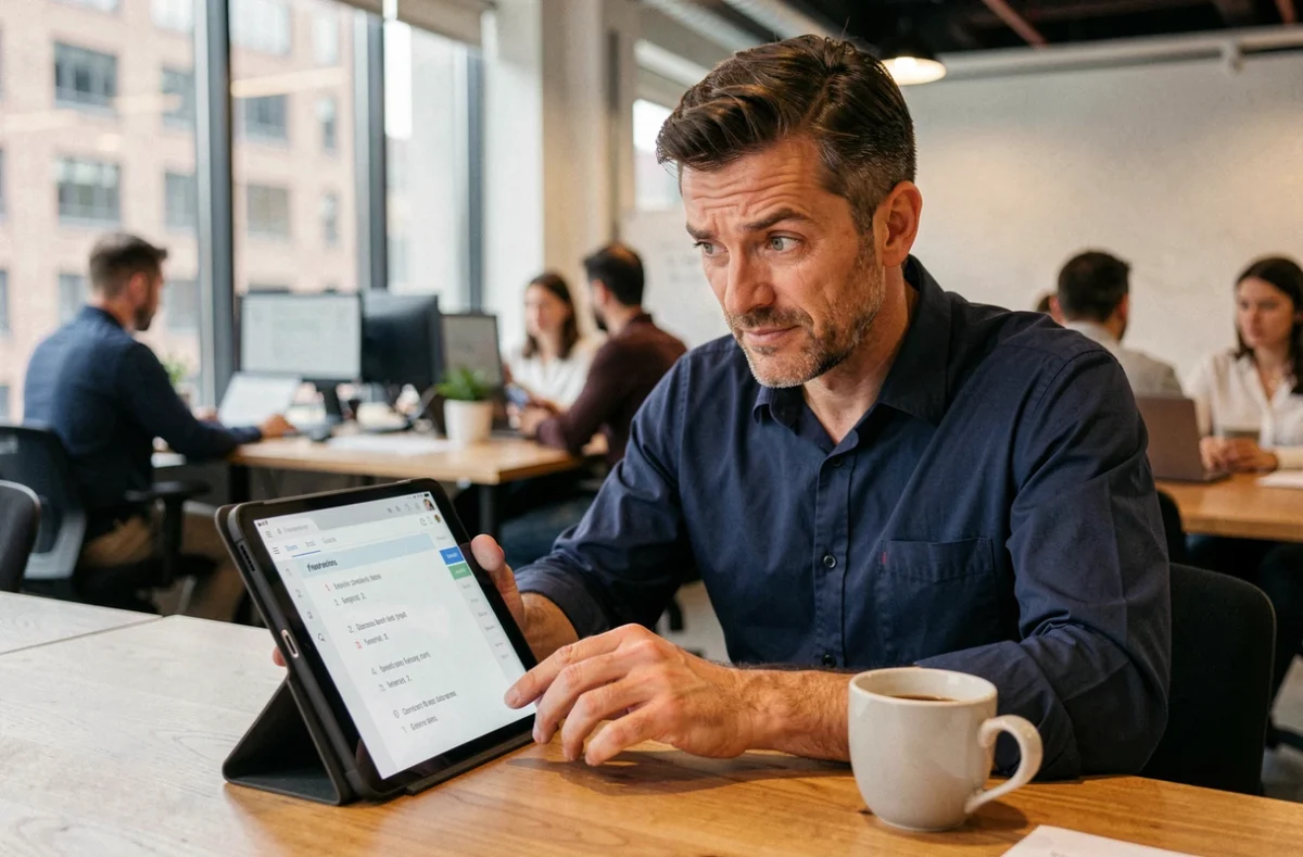 Homme d'affaires évaluant un test de QI en ligne sur tablette dans un espace de coworking moderne
