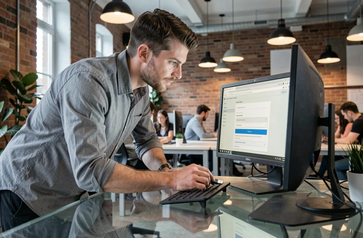 Homme important son CV sur une plateforme professionnelle depuis un espace de coworking avec ordinateur de bureau