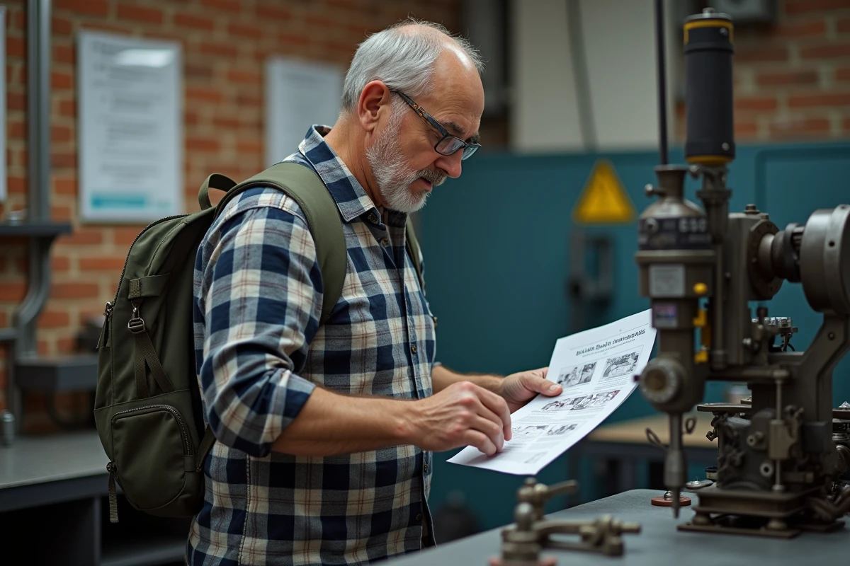 Homme en atelier utilisant une machine de formation professionnelle