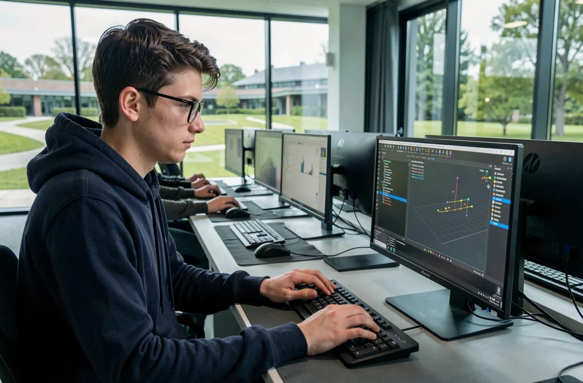 Étudiant ingénieur travaillant sur un logiciel de modélisation 3D dans un laboratoire informatique moderne de l'IMT Atlantique