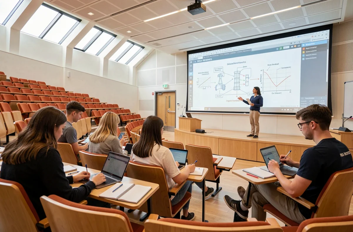 Étudiants post-bac en génie pluridisciplinaire assistant à un cours en amphithéâtre moderne à l'INSA Rennes