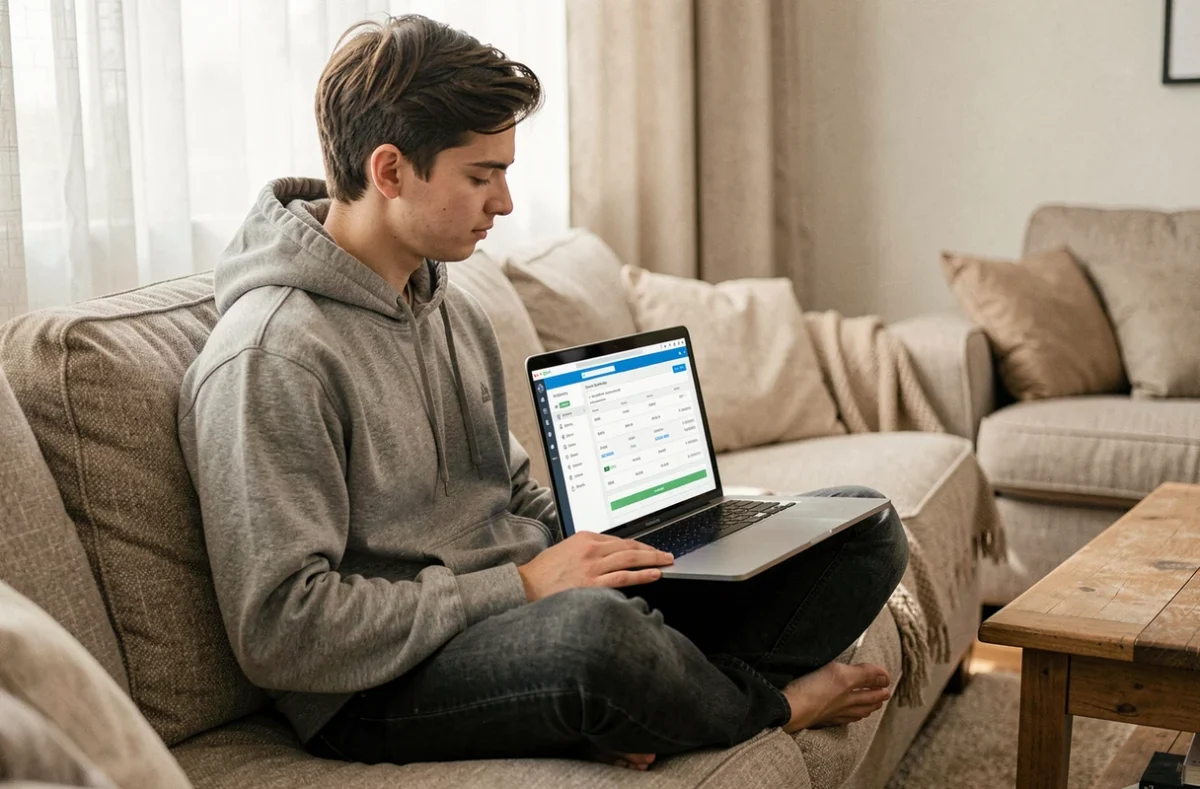 Jeune personne utilisant un outil de conversion de tableau en ligne depuis son salon sur un ordinateur portable