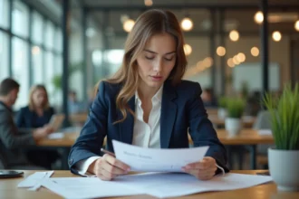 Jeune femme diplômée STMG travaillant dans un open space moderne, consultant des documents marketing professionnels