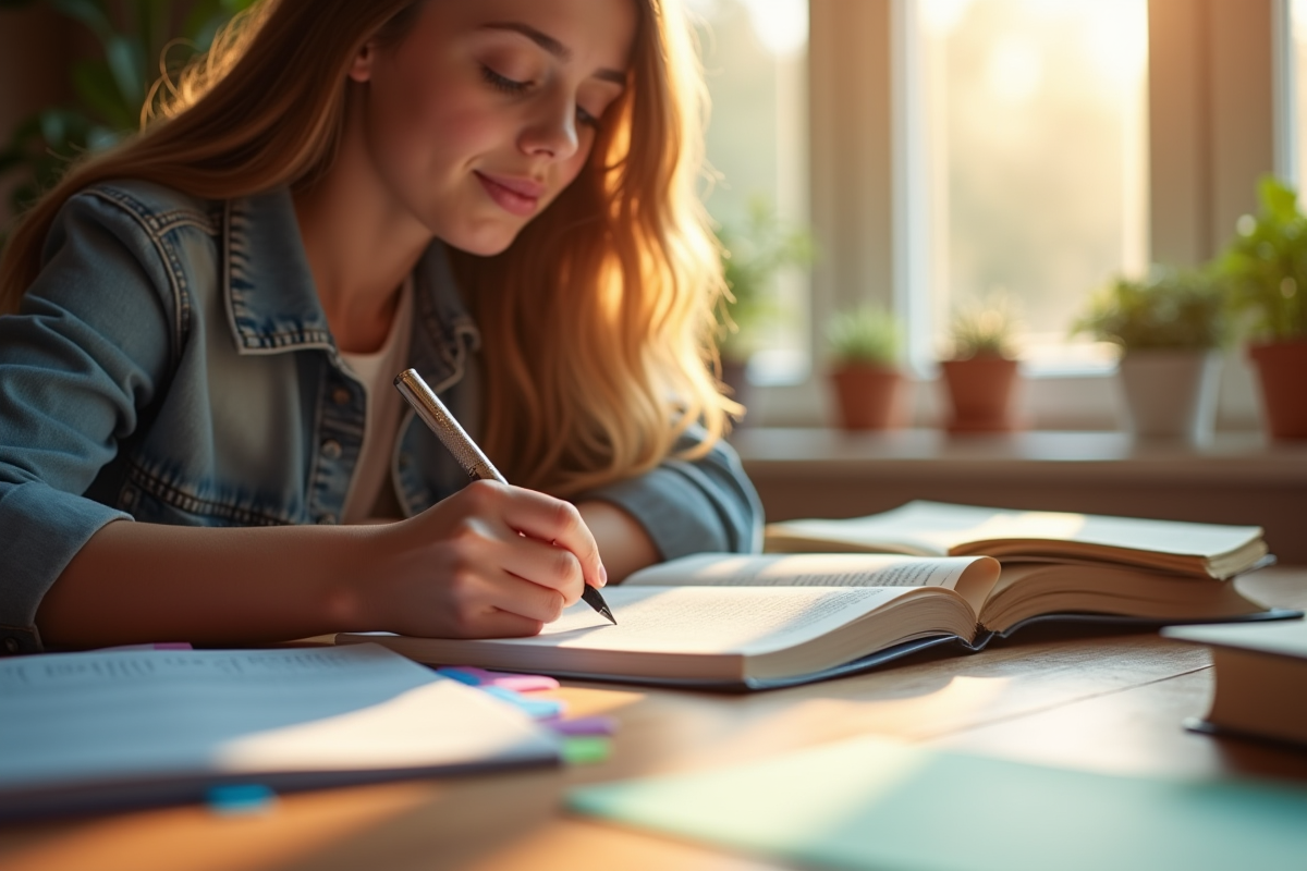 Jeune étudiant étudiant à un bureau en lumière naturelle