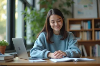 Étudiante assise à son bureau dans une bibliothèque universitaire