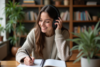 Jeune femme écoutant des cours de langue avec écouteurs