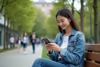 Jeune femme en denim et t-shirt blanc sur un banc en ville