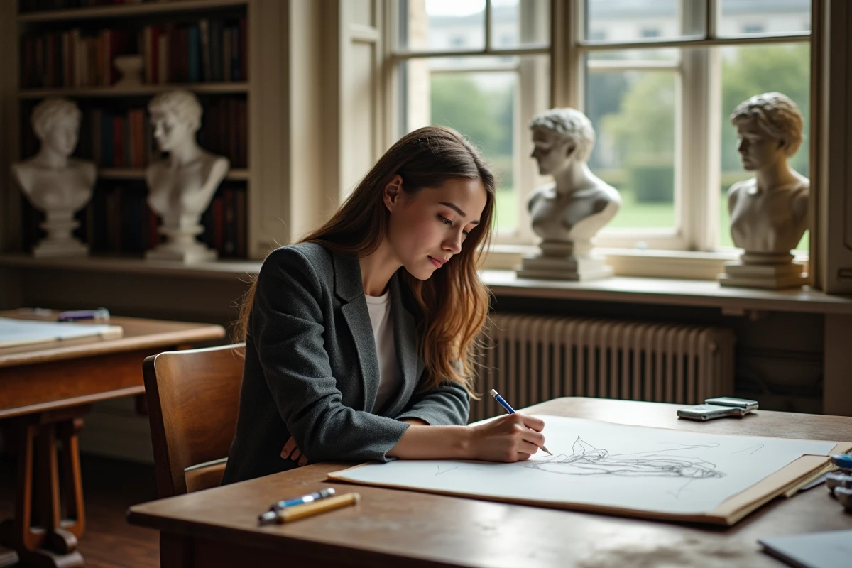 Jeune femme dessinant dans une salle de classe artistique