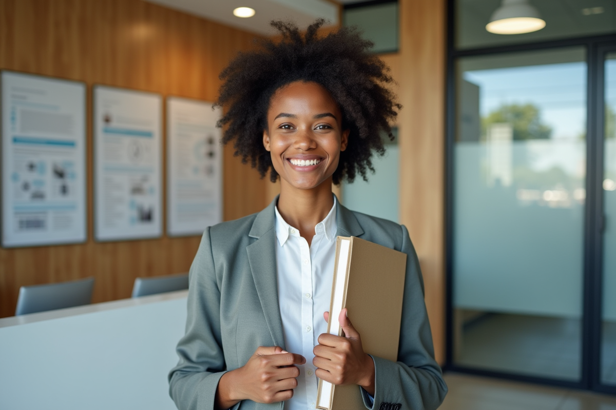Jeune femme avec diplôme dans centre de formation moderne