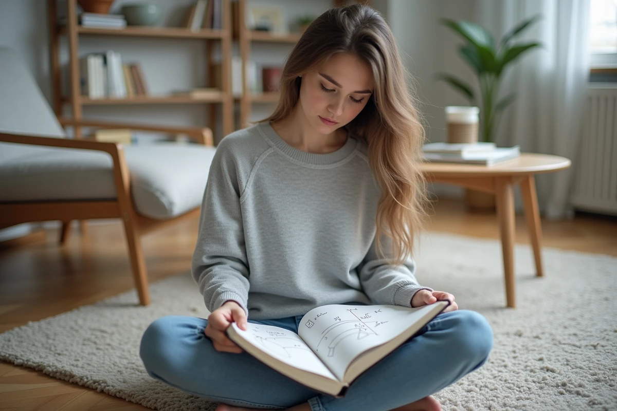 Jeune femme étudiant les formules trigonométriques sinus et cosinus dans un cadre domestique minimaliste avec un cahier ouvert
