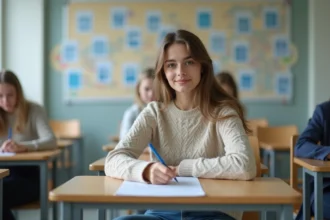 Jeune femme concentrée lors d'un examen de conduite en salle