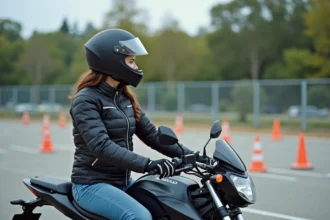 Jeune femme en moto en formation sur un parking extérieur