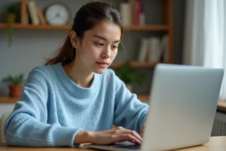 Jeune femme concentrée sur son ordinateur pour s'inscrire en ligne