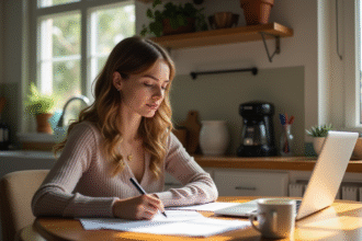 Jeune femme à la maison remplissant des papiers avec un café