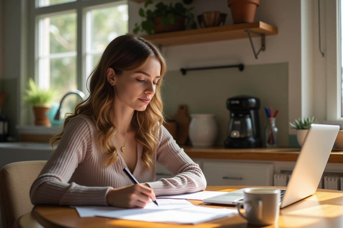Jeune femme à la maison remplissant des papiers avec un café